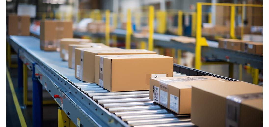 Packaged boxes moving along a conveyor belt